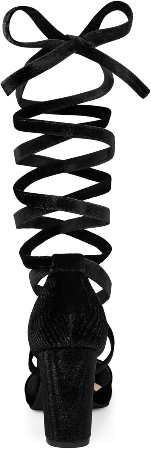 imageAllegra K Womens Velvet Lace Up Chunky Heels Pointed Toe PumpsBlack