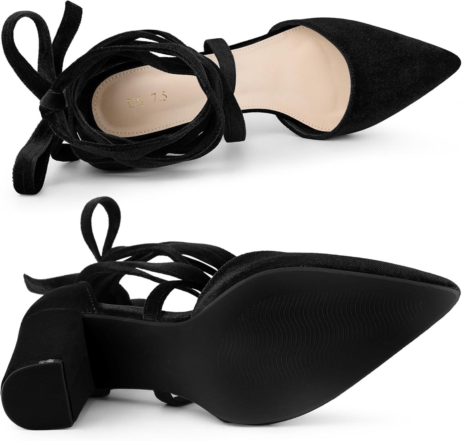 imageAllegra K Womens Velvet Lace Up Chunky Heels Pointed Toe PumpsBlack