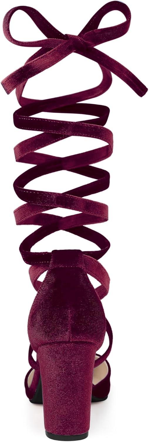 imageAllegra K Womens Velvet Lace Up Chunky Heels Pointed Toe PumpsBurgundy