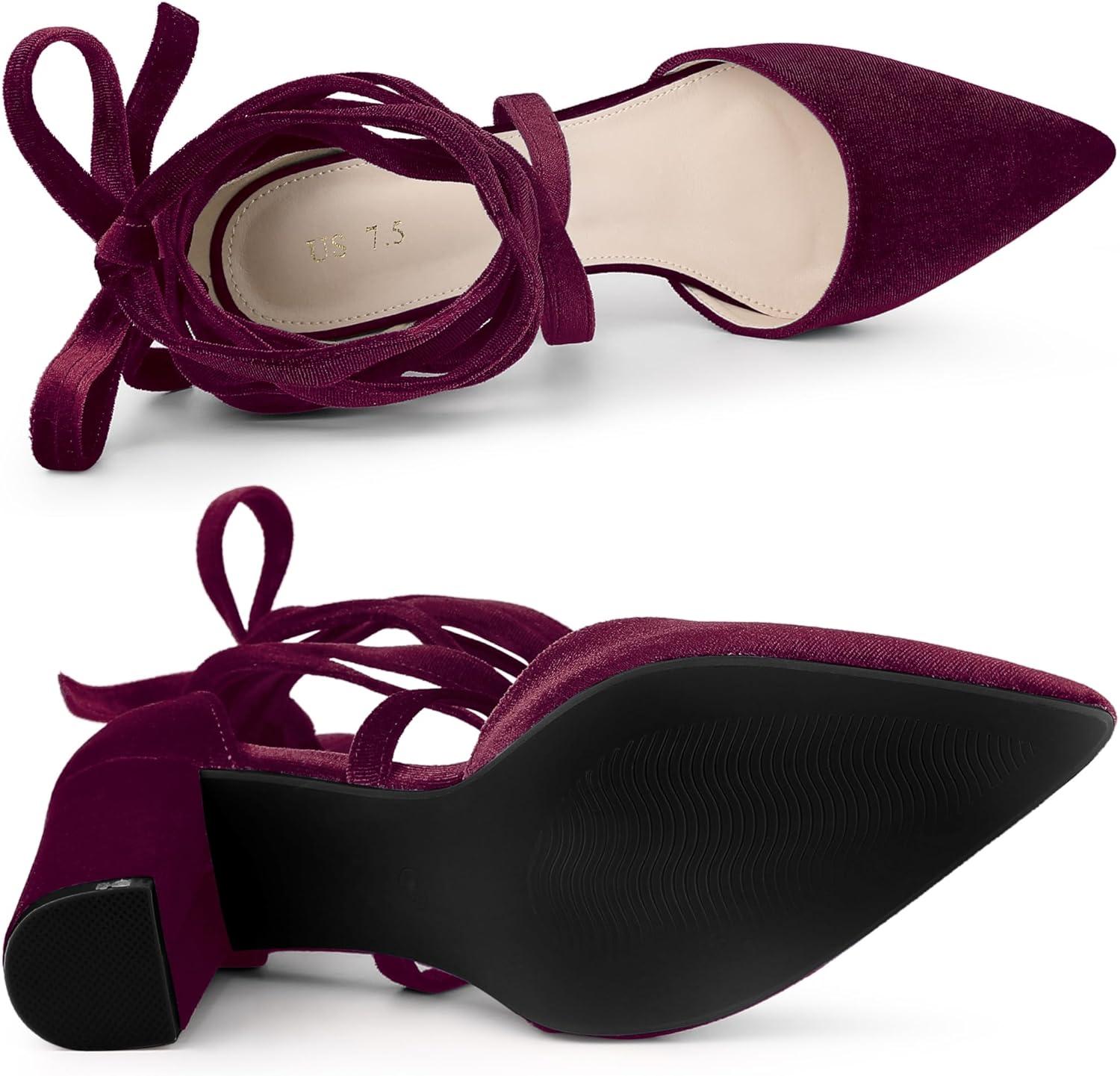 imageAllegra K Womens Velvet Lace Up Chunky Heels Pointed Toe PumpsBurgundy
