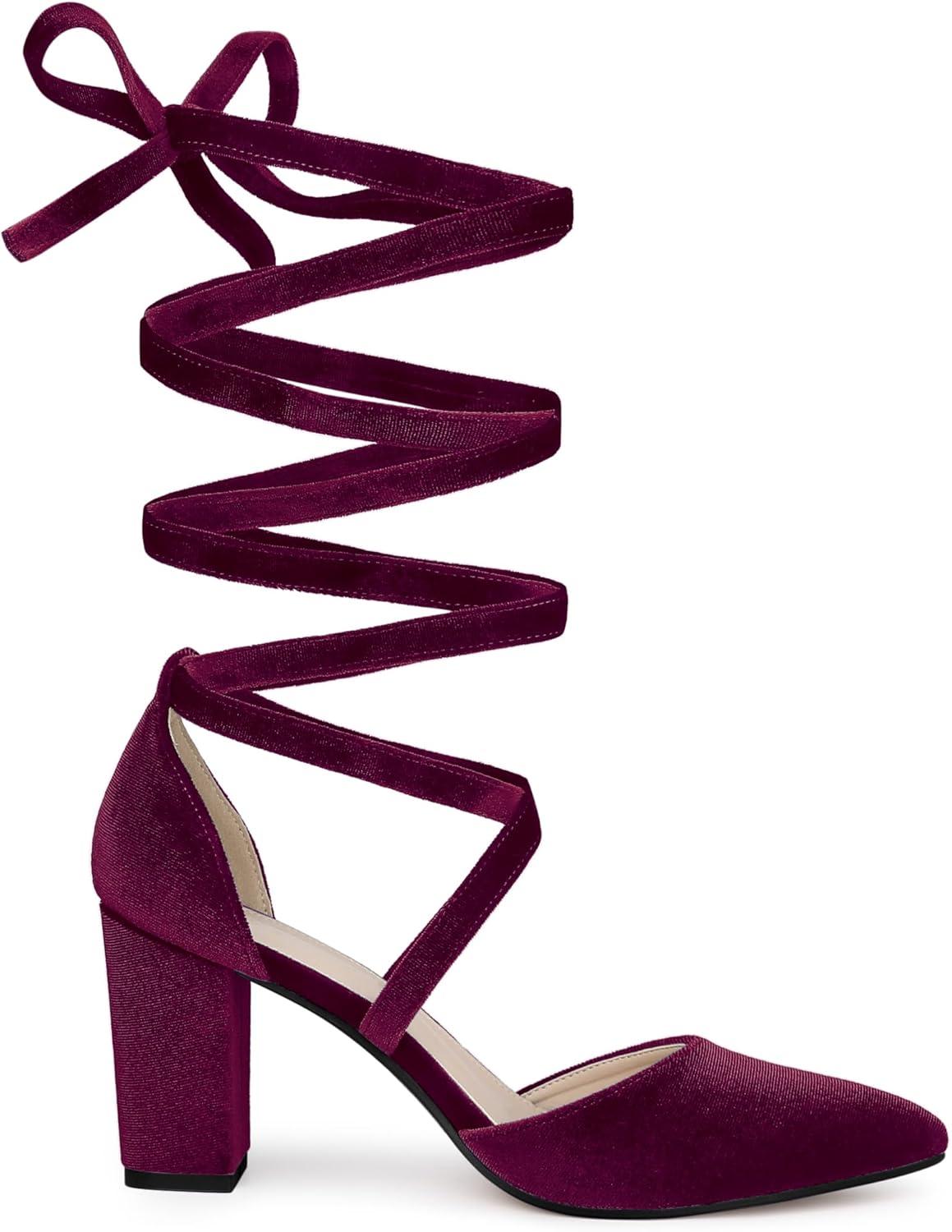 imageAllegra K Womens Velvet Lace Up Chunky Heels Pointed Toe PumpsBurgundy