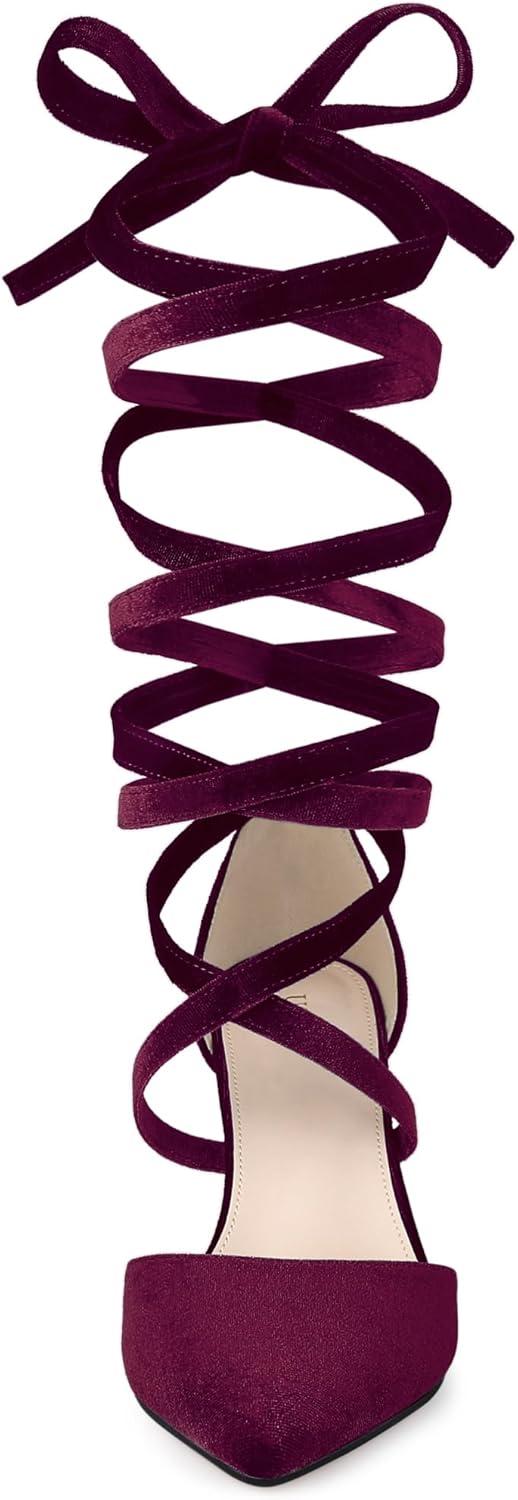 imageAllegra K Womens Velvet Lace Up Chunky Heels Pointed Toe PumpsBurgundy