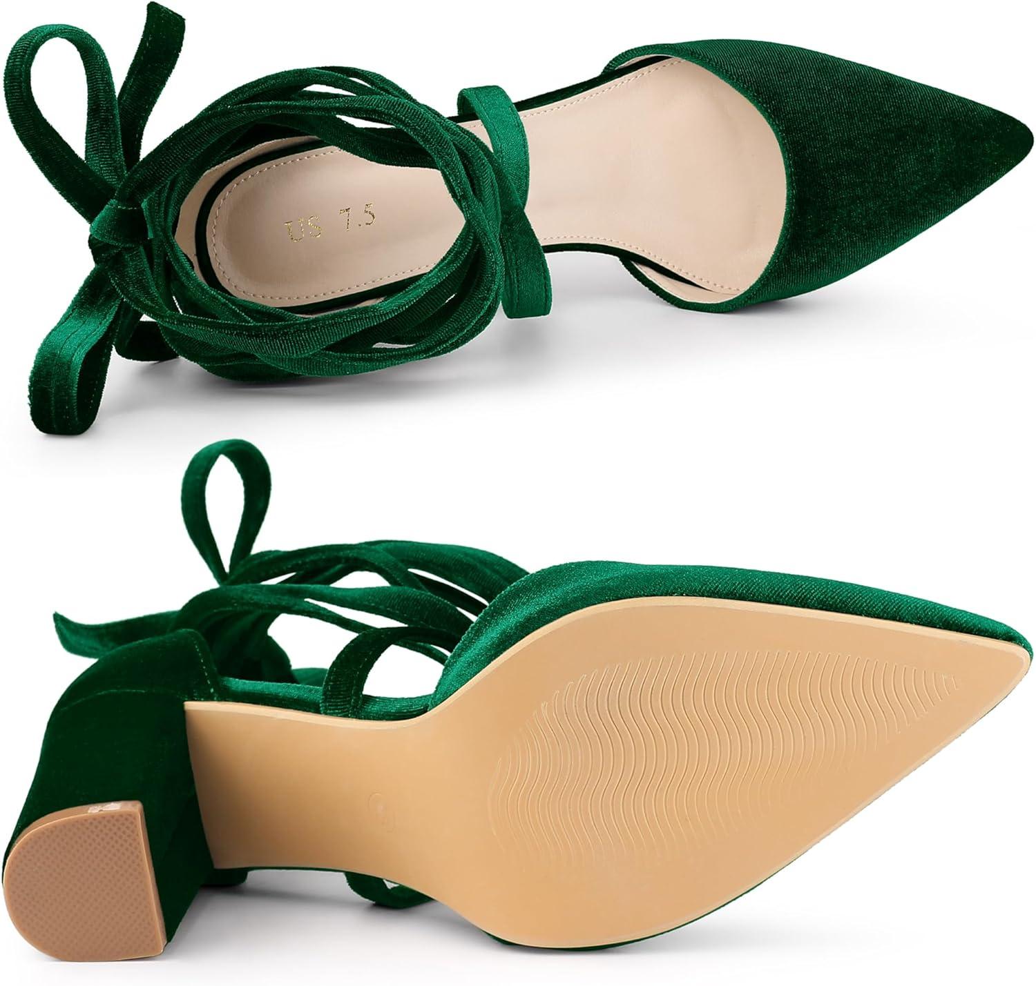 imageAllegra K Womens Velvet Lace Up Chunky Heels Pointed Toe PumpsDark Green