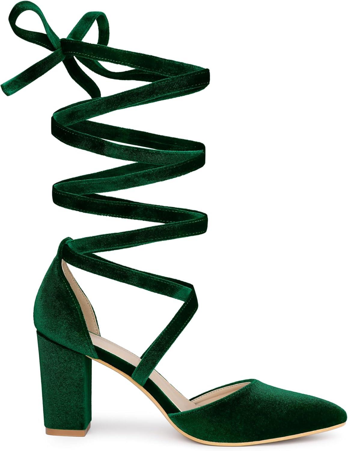 imageAllegra K Womens Velvet Lace Up Chunky Heels Pointed Toe PumpsDark Green