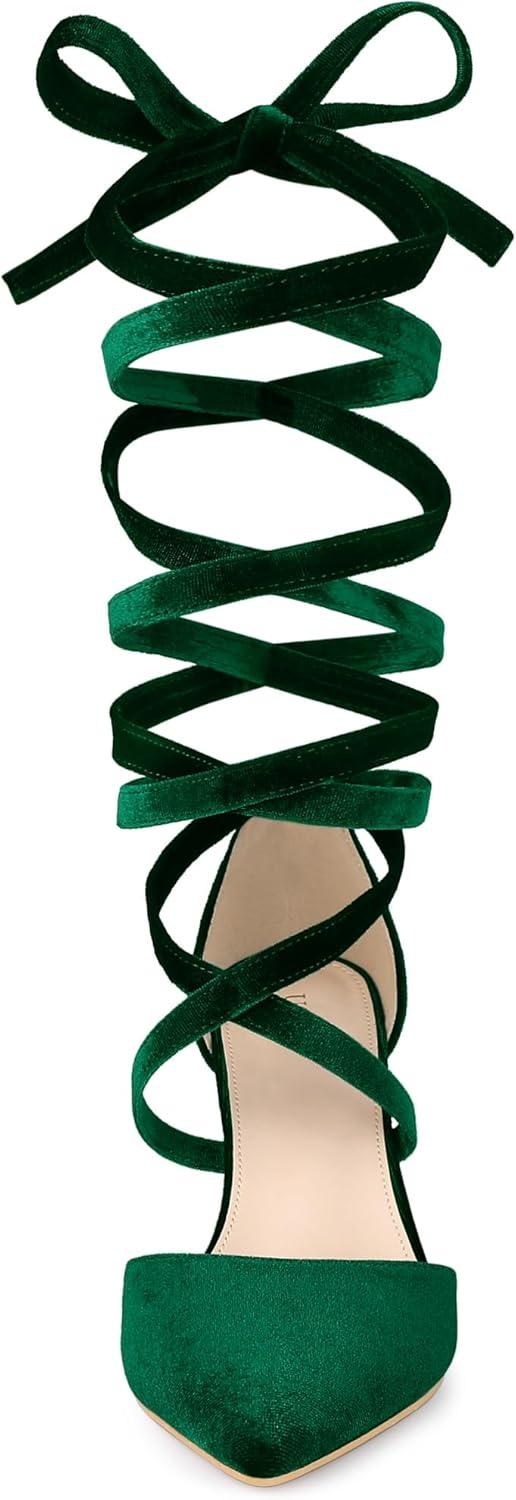 imageAllegra K Womens Velvet Lace Up Chunky Heels Pointed Toe PumpsDark Green