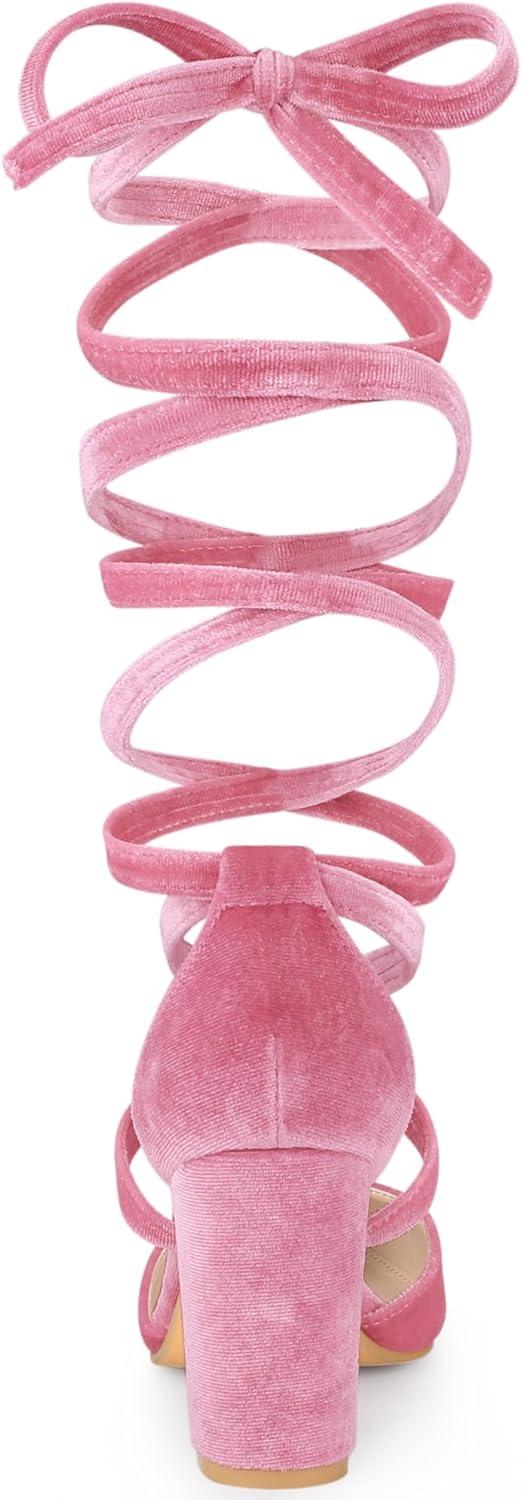 imageAllegra K Womens Velvet Lace Up Chunky Heels Pointed Toe PumpsPink