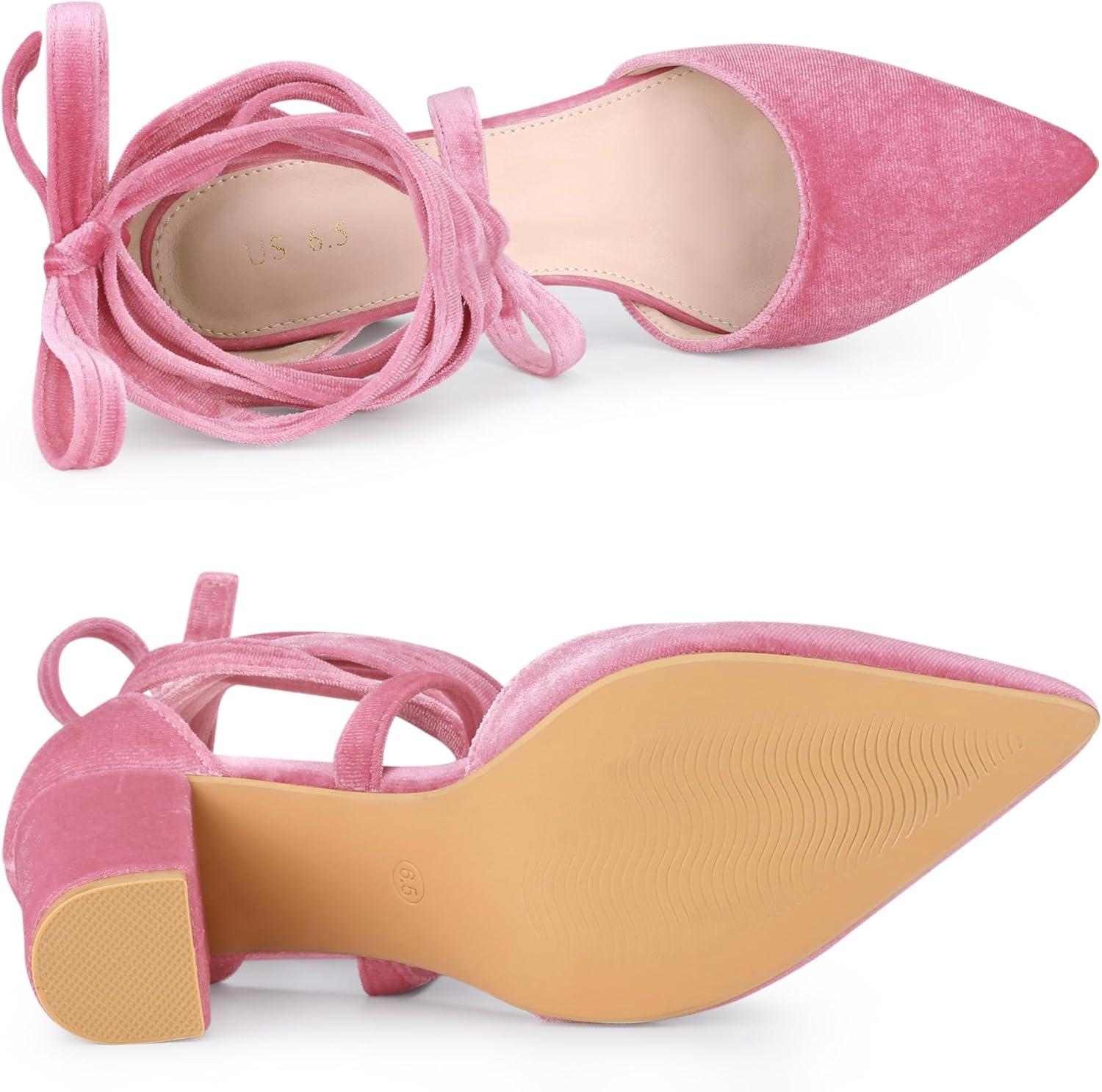 imageAllegra K Womens Velvet Lace Up Chunky Heels Pointed Toe PumpsPink