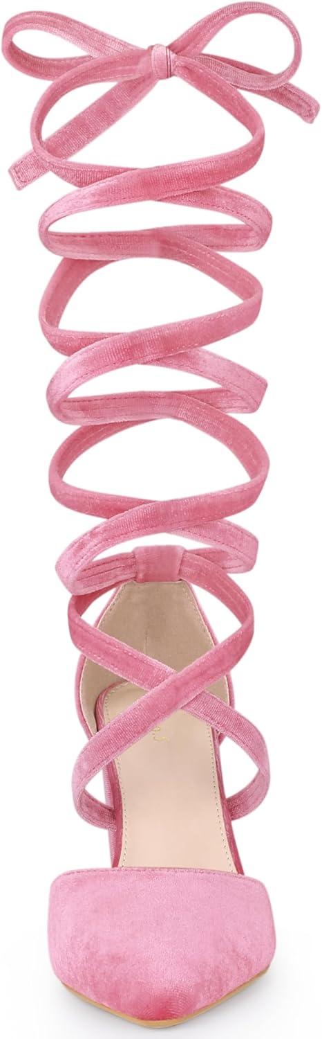 imageAllegra K Womens Velvet Lace Up Chunky Heels Pointed Toe PumpsPink