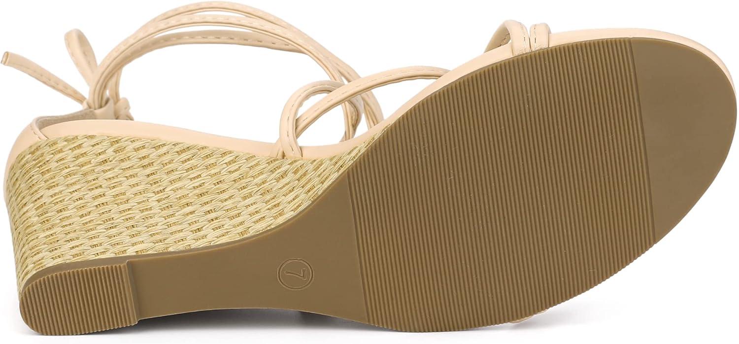 imageAllegra K Womens Wedge Heels Lace Up Strappy Low Wedges SandalsBeige