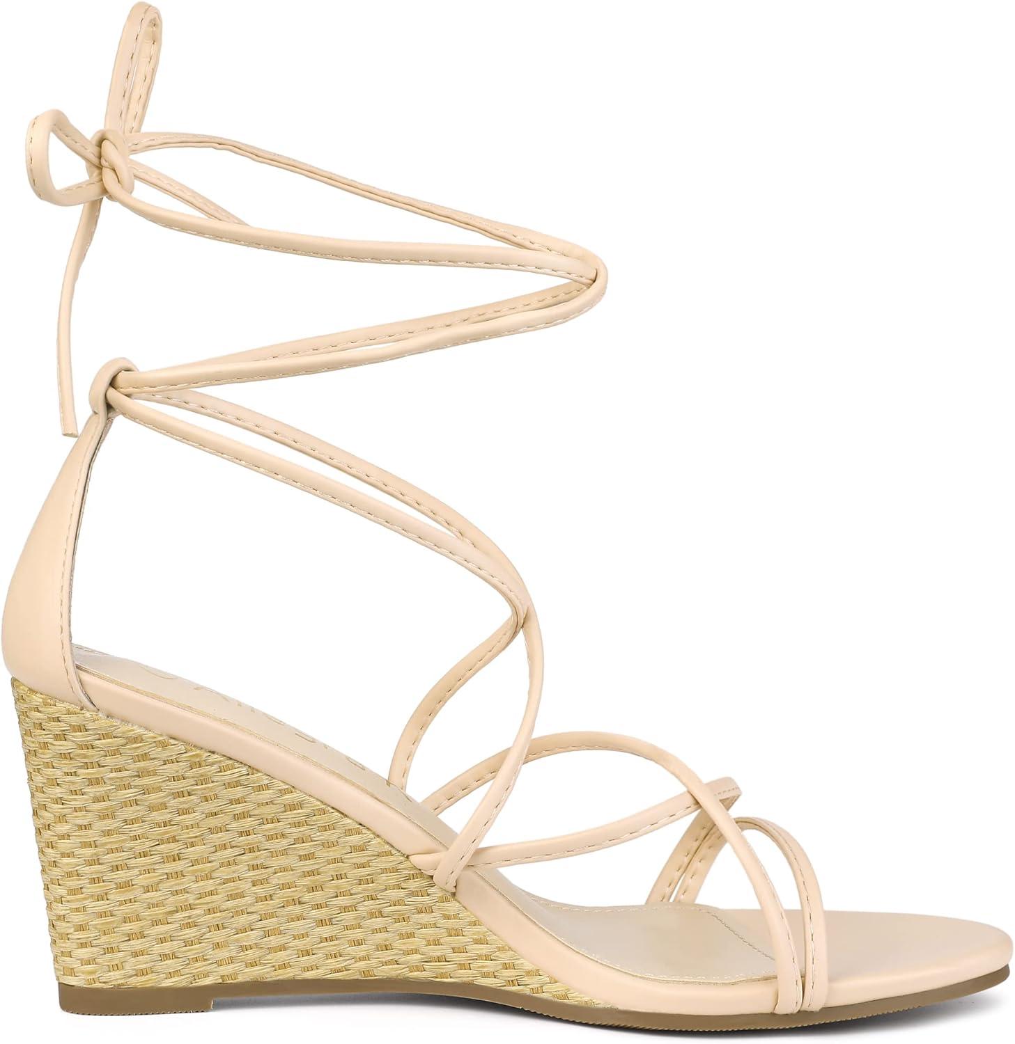 imageAllegra K Womens Wedge Heels Lace Up Strappy Low Wedges SandalsBeige