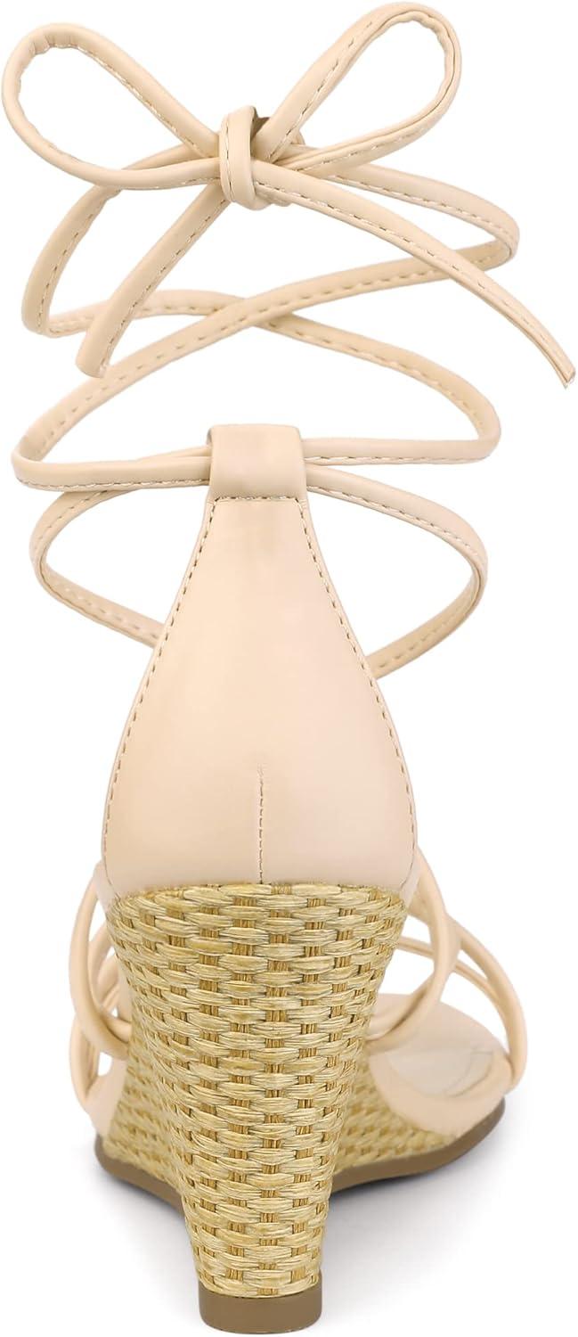 imageAllegra K Womens Wedge Heels Lace Up Strappy Low Wedges SandalsBeige