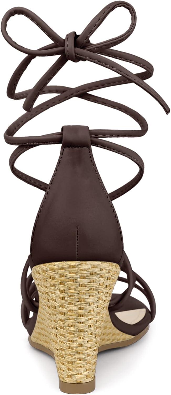 imageAllegra K Womens Wedge Heels Lace Up Strappy Low Wedges SandalsBrown