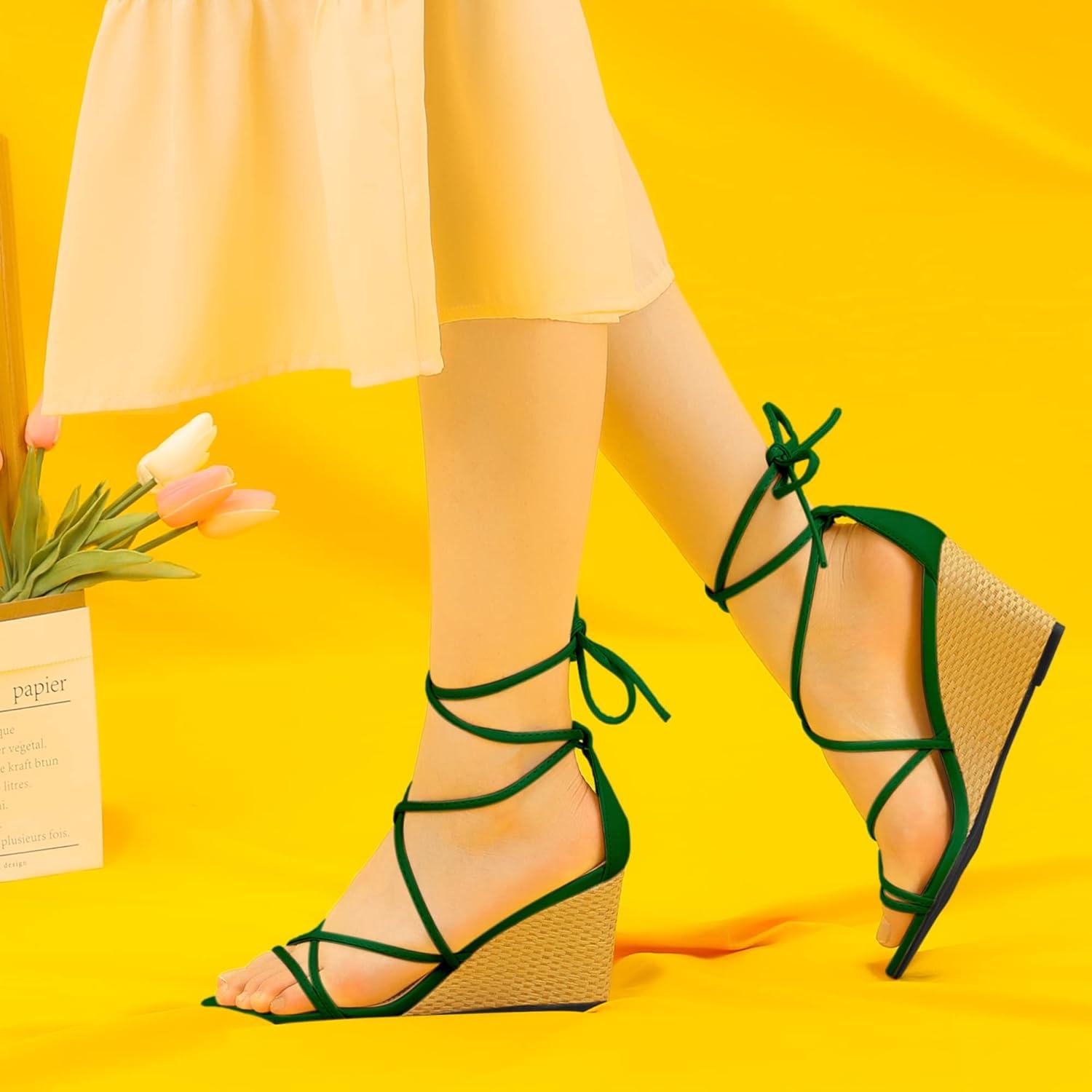 imageAllegra K Womens Wedge Heels Lace Up Strappy Low Wedges SandalsDark Green