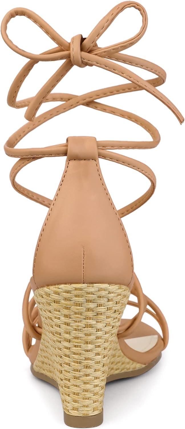 imageAllegra K Womens Wedge Heels Lace Up Strappy Low Wedges SandalsNude