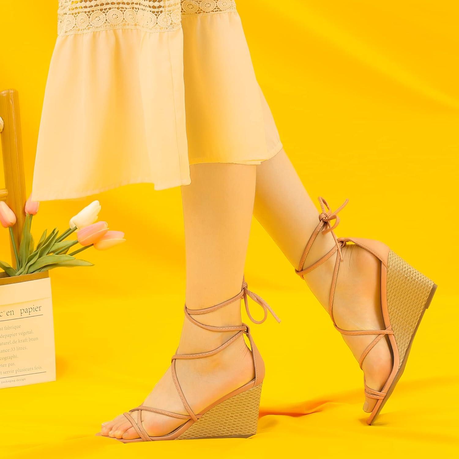 imageAllegra K Womens Wedge Heels Lace Up Strappy Low Wedges SandalsNude