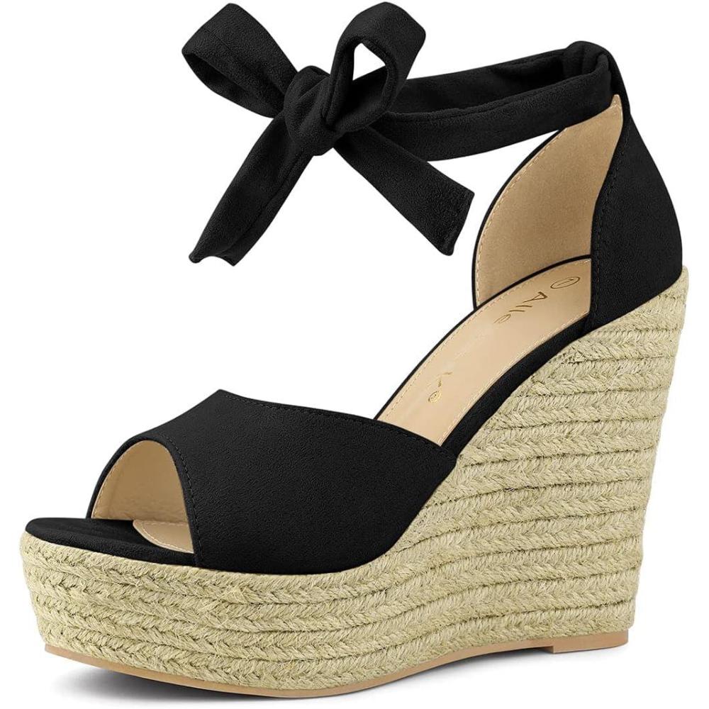 imageAllegra K Womens Espadrilles Tie Up Ankle Strap Wedges SandalsBlack