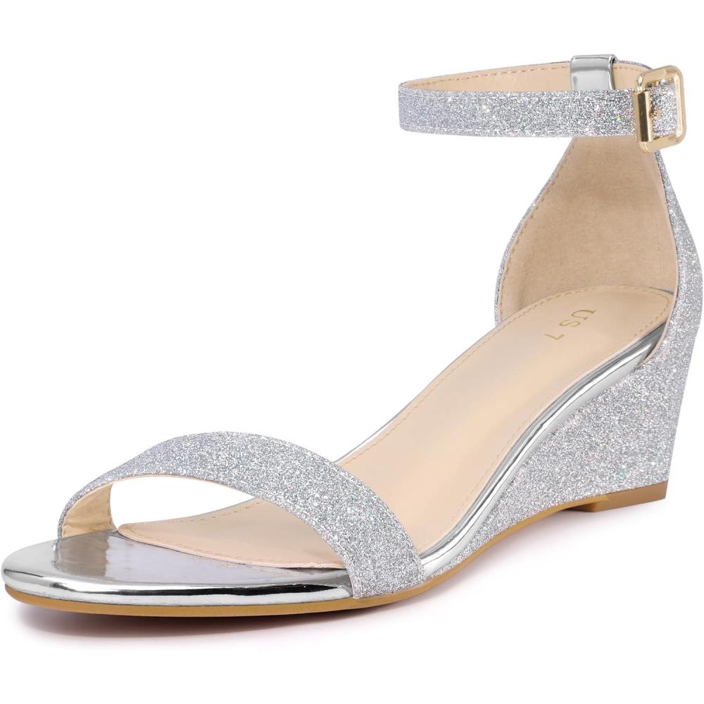 imageAllegra K Womens Glitter Heels Open Toe Wedge Heel SandalsSilver