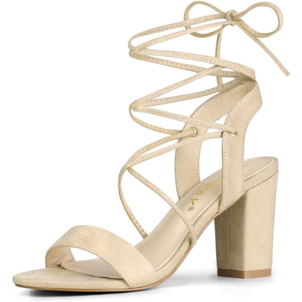 imageAllegra K Womens Lace Up Block High Heels SandalsBeige