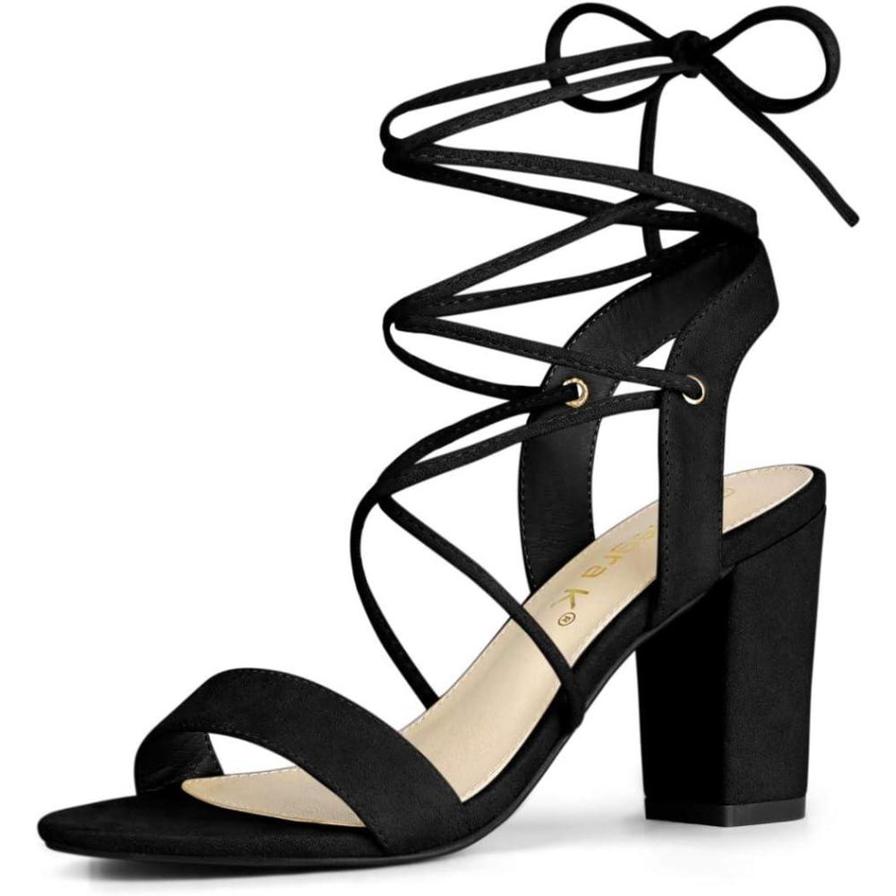 imageAllegra K Womens Lace Up Block High Heels SandalsBlack