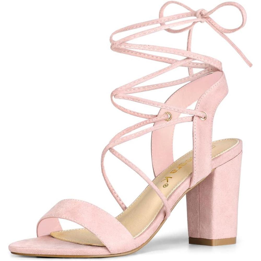 imageAllegra K Womens Lace Up Block High Heels SandalsLight Pink