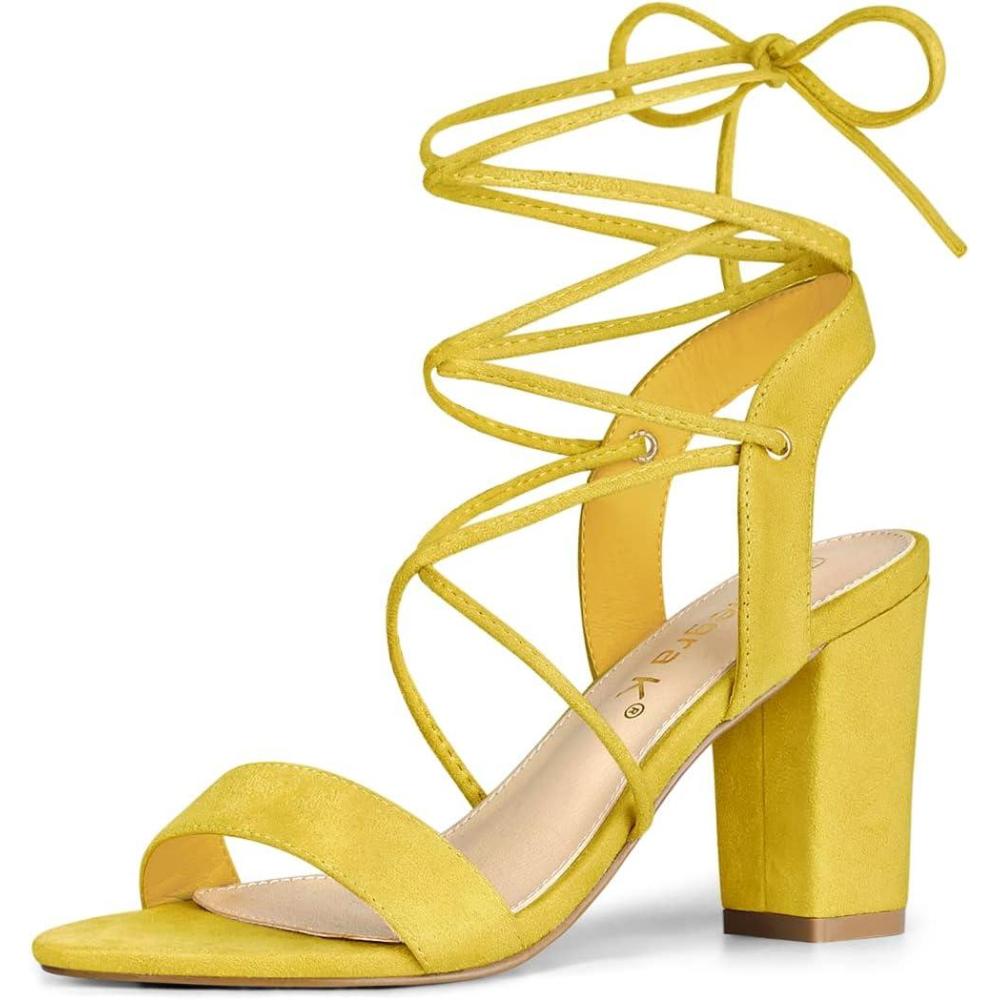 imageAllegra K Womens Lace Up Block High Heels SandalsYellow