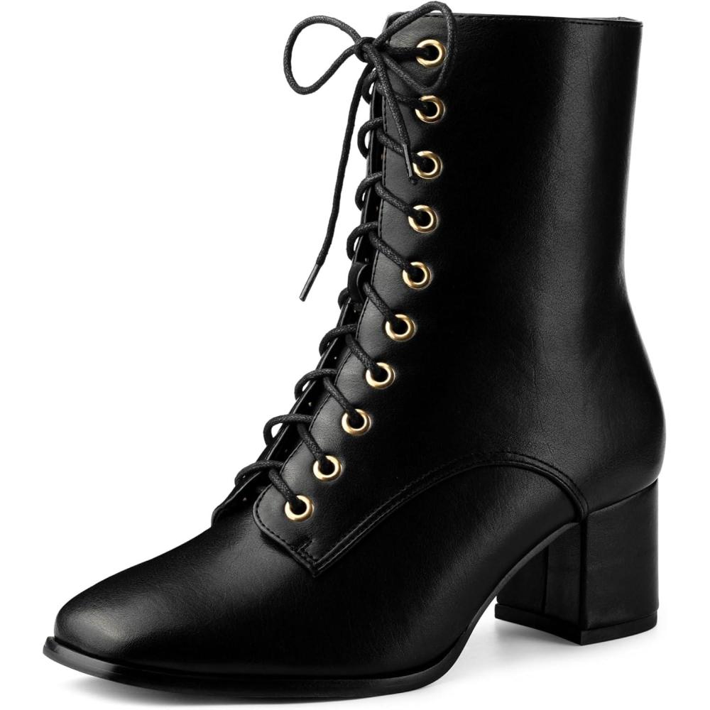 imageAllegra K Womens Lace Up Square Toe Chunky Heels Ankle Combat BootsBlack