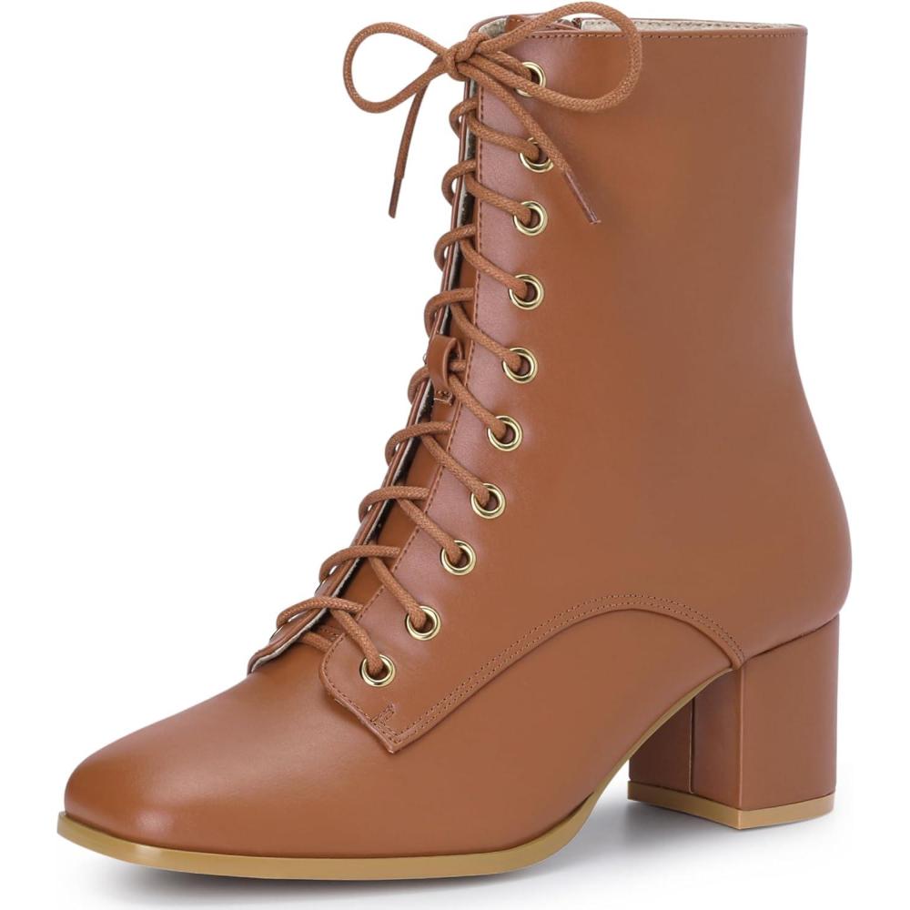imageAllegra K Womens Lace Up Square Toe Chunky Heels Ankle Combat BootsBrown