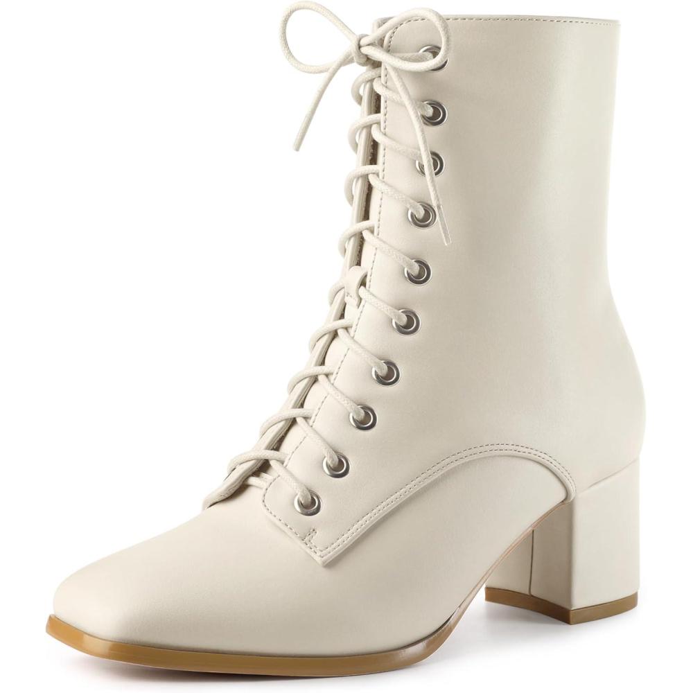 imageAllegra K Womens Lace Up Square Toe Chunky Heels Ankle Combat BootsCream
