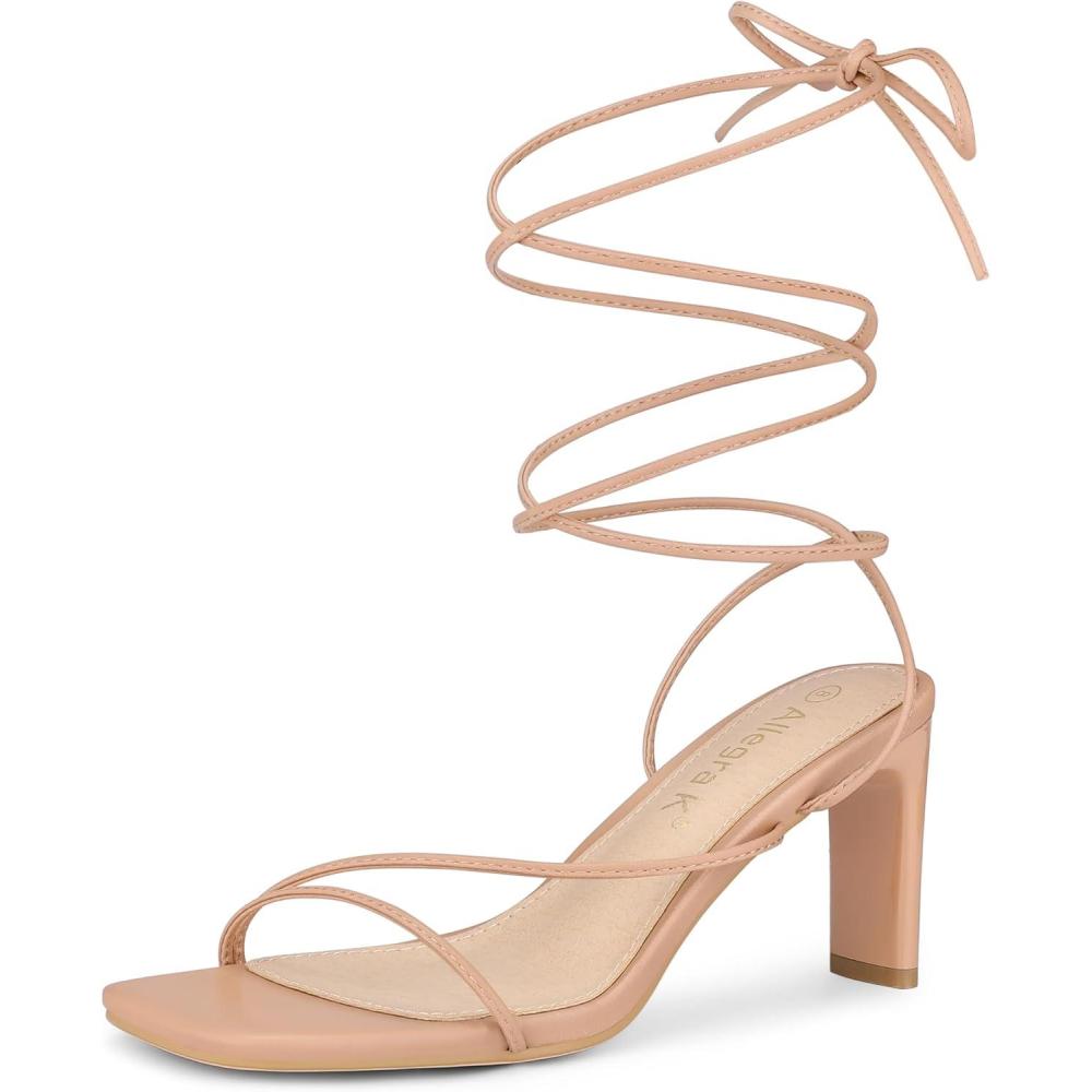 imageAllegra K Womens Lace Up Strappy Block High Heel SandalsNude