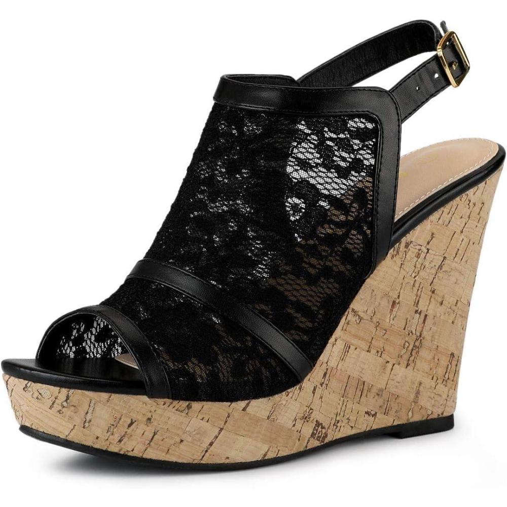 imageAllegra K Womens Open Toe Platform Heel Lace Wedges SandalsBlack