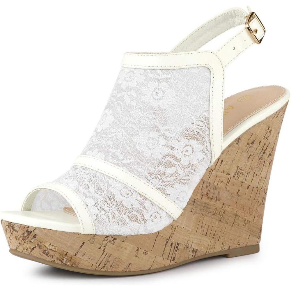 imageAllegra K Womens Open Toe Platform Heel Lace Wedges SandalsWhite