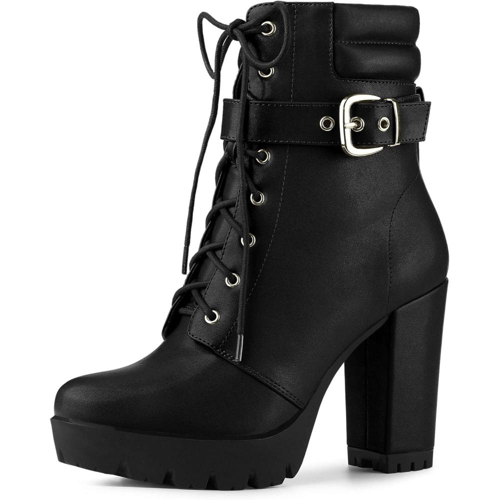 imageAllegra K Womens Platform Ankle Boots Lace Up Block Heels Combat BootsBlack