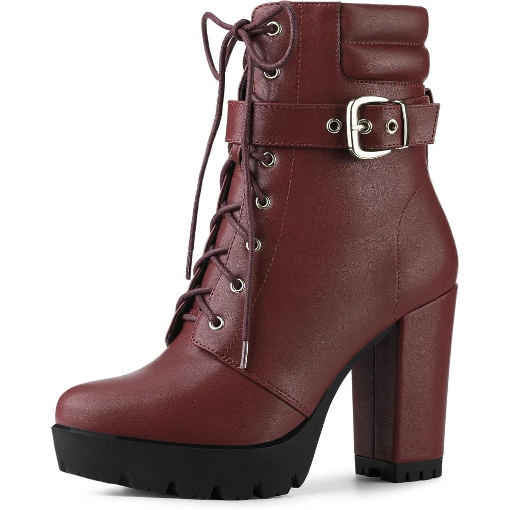 imageAllegra K Womens Platform Ankle Boots Lace Up Block Heels Combat BootsBurgundy
