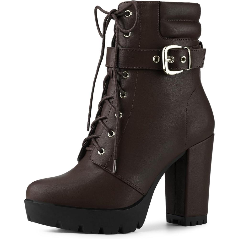 imageAllegra K Womens Platform Ankle Boots Lace Up Block Heels Combat BootsCoffee