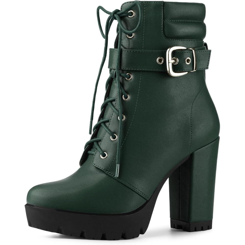 imageAllegra K Womens Platform Ankle Boots Lace Up Block Heels Combat BootsDark Green