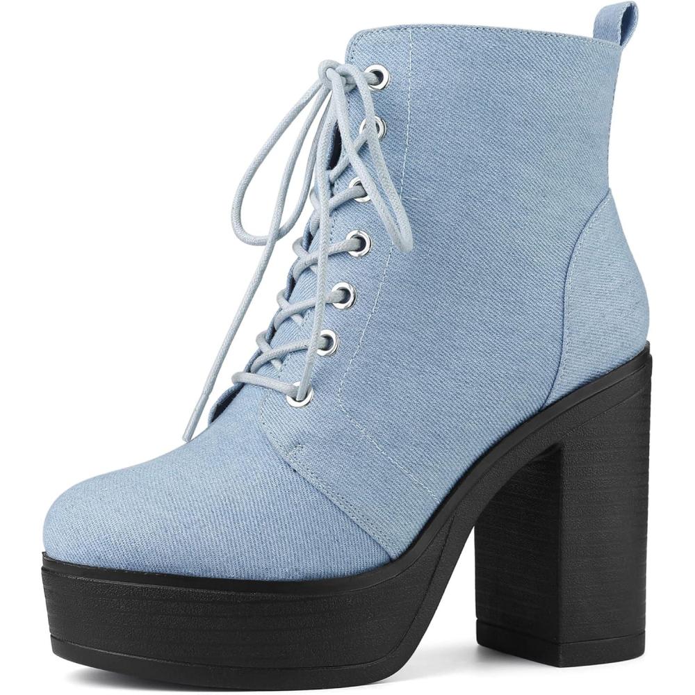 imageAllegra K Womens Platform Chunky High Heel Lace Up Combat BootsDenim Blue