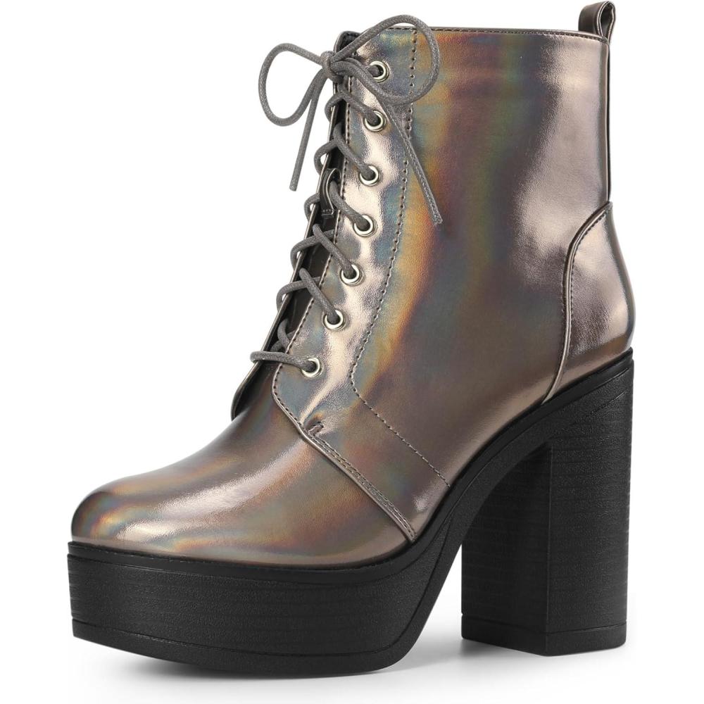 imageAllegra K Womens Platform Chunky High Heel Lace Up Combat BootsGunmetal