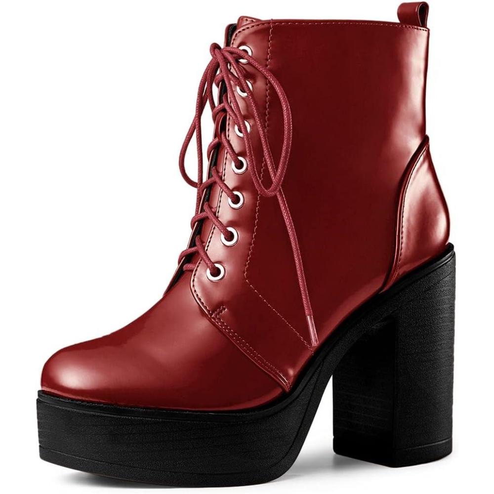 imageAllegra K Womens Platform Chunky High Heel Lace Up Combat BootsRed