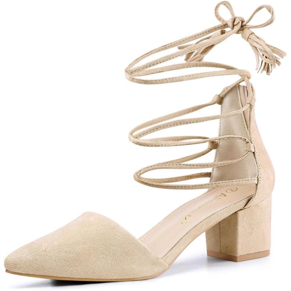 imageAllegra K Womens Pointed Toe Block Heels Lace Up PumpsBeige