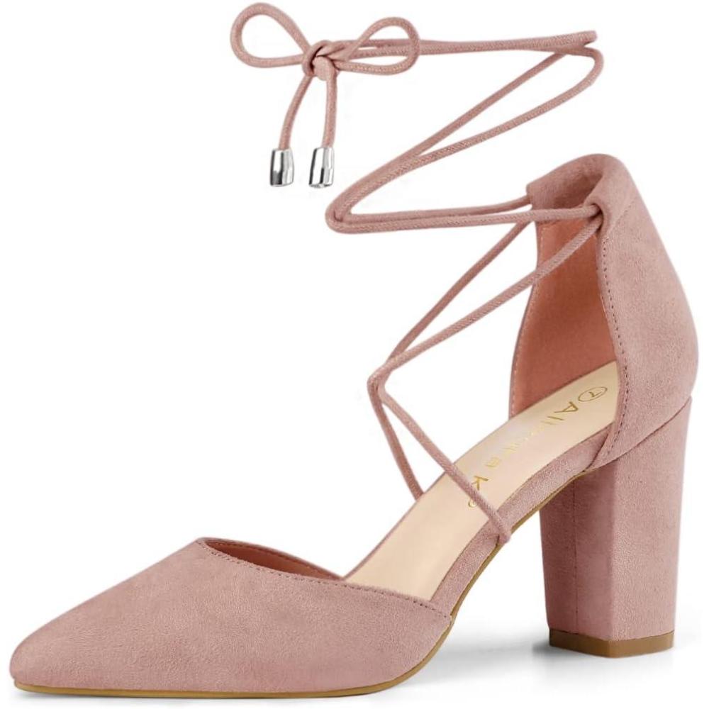 imageAllegra K Womens Pointed Toe Chunky Heels Lace Up Sandals PumpsDust Pink