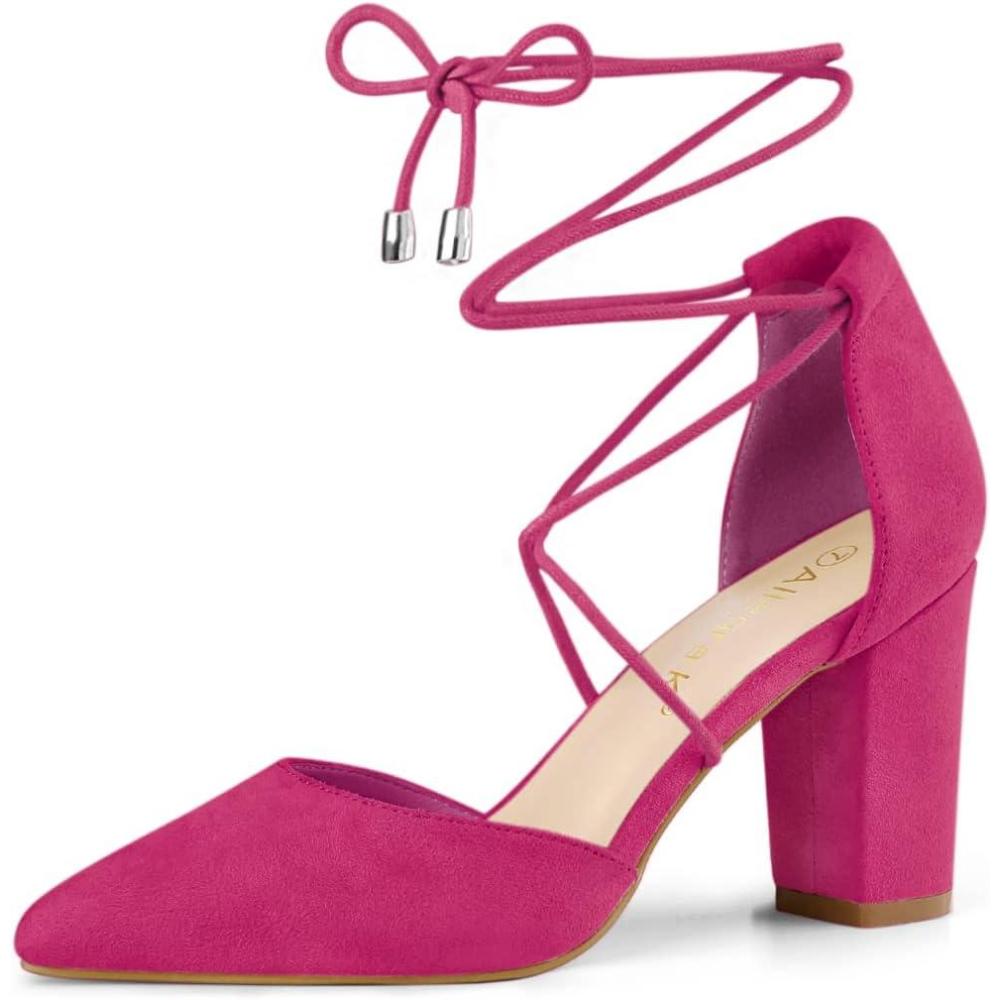 imageAllegra K Womens Pointed Toe Chunky Heels Lace Up Sandals PumpsHot Pink