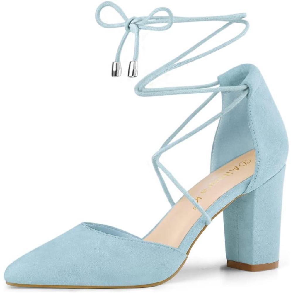 imageAllegra K Womens Pointed Toe Chunky Heels Lace Up Sandals PumpsLight Blue