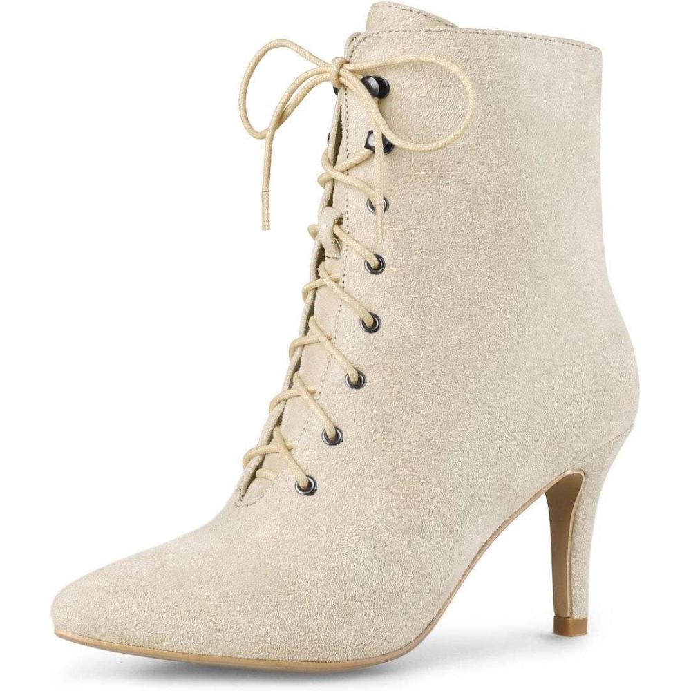 imageAllegra K Womens Pointy Toe Zip Lace Up Stiletto Heel Ankle BootsBeige