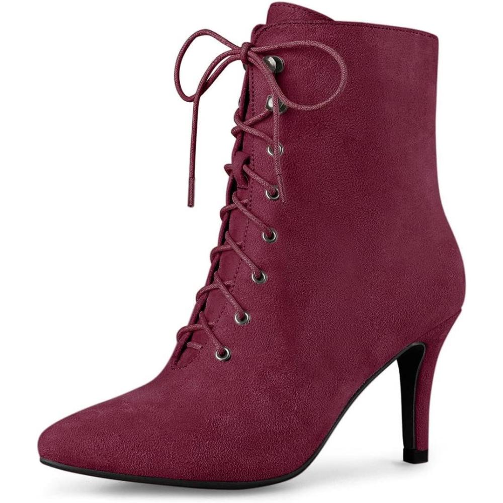 imageAllegra K Womens Pointy Toe Zip Lace Up Stiletto Heel Ankle BootsBurgundy