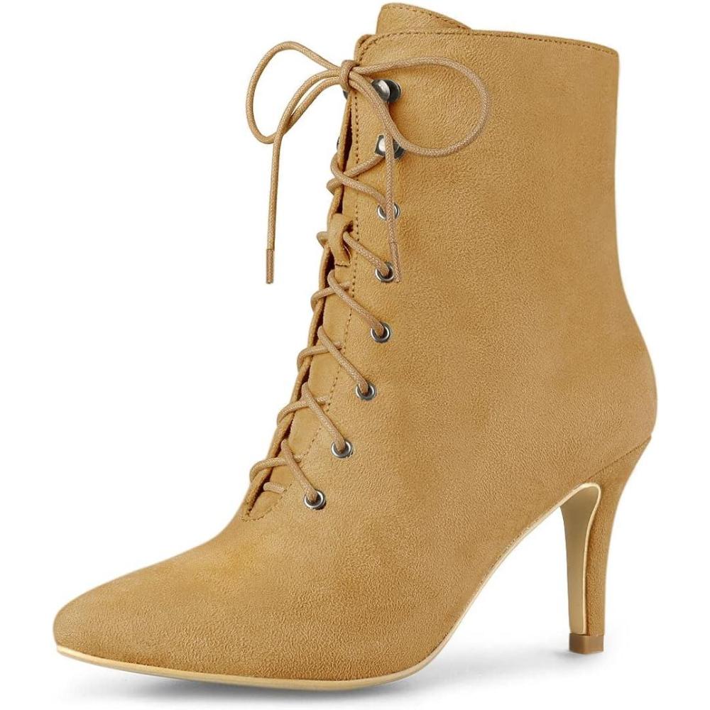 imageAllegra K Womens Pointy Toe Zip Lace Up Stiletto Heel Ankle BootsCamel