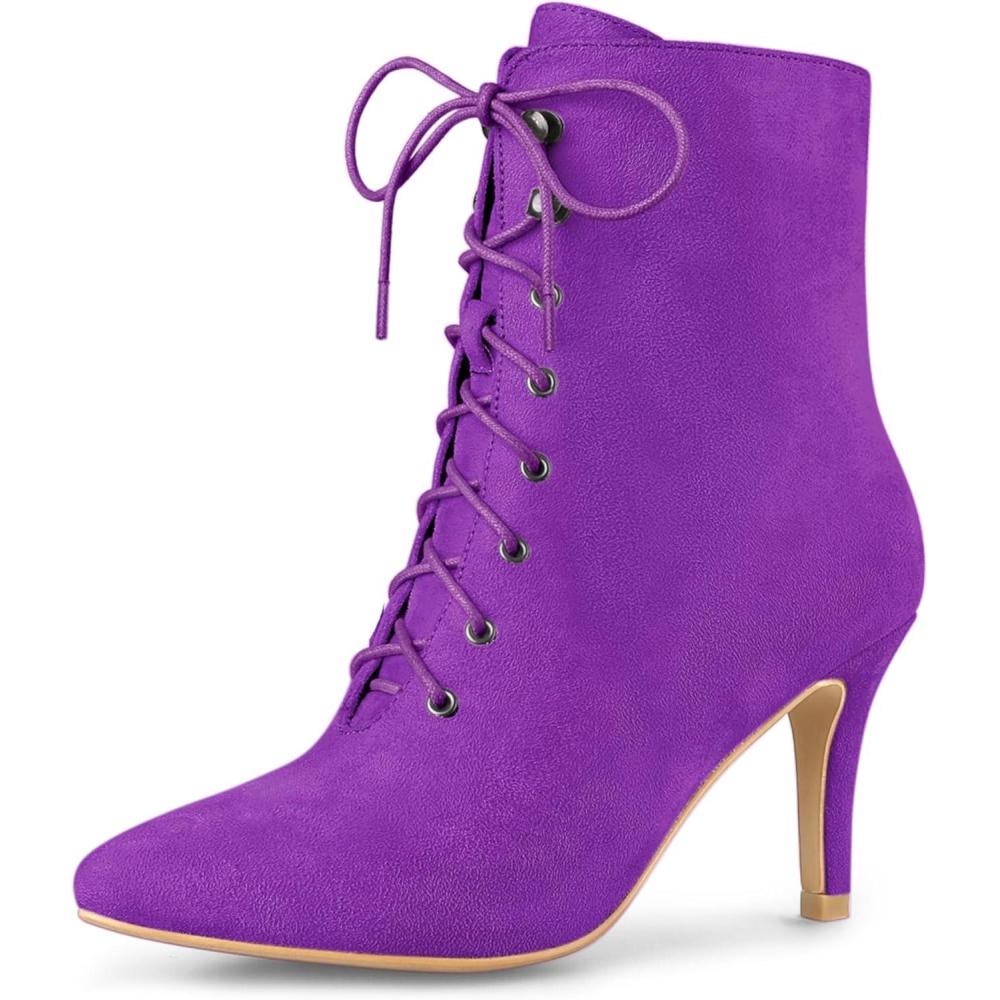 imageAllegra K Womens Pointy Toe Zip Lace Up Stiletto Heel Ankle BootsPurple