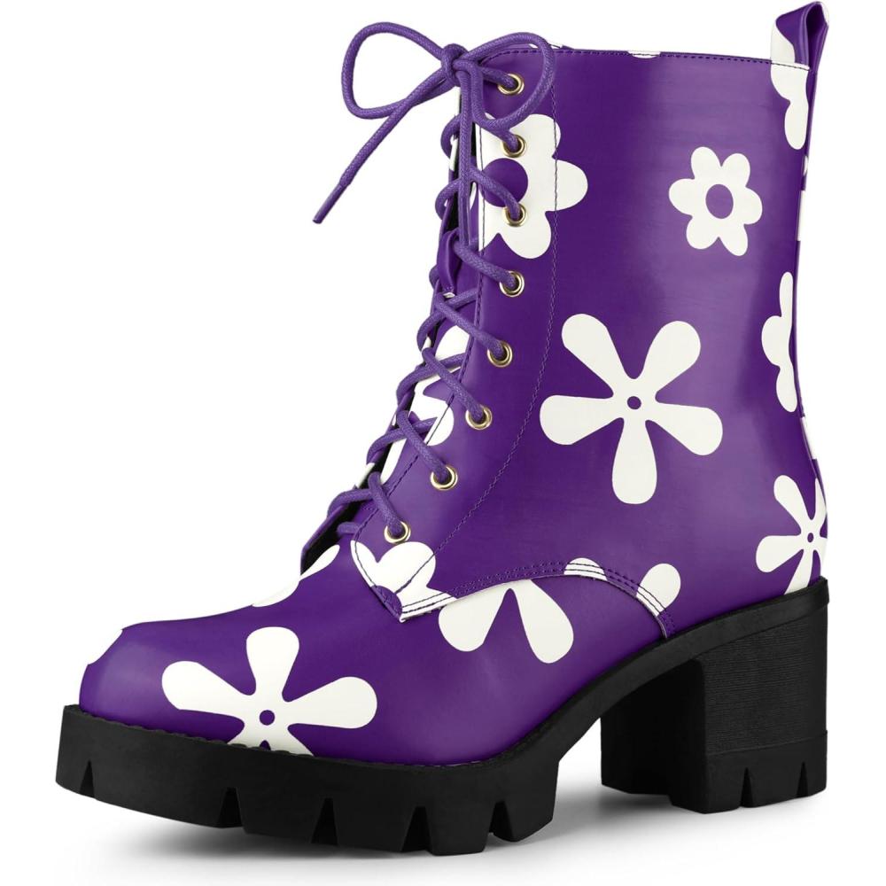 imageAllegra K Womens Printed Platform Round Toe Lace Up Chunky Heel Combat BootsPurple