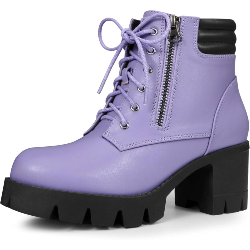 imageAllegra K Womens Round Toe Chunky Heel Lace Up Zipper Combat BootsLight Purple