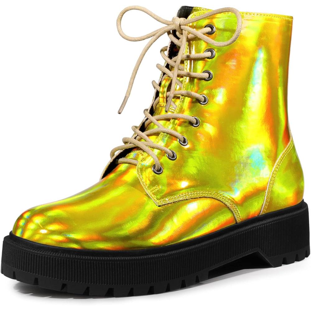 imageAllegra K Womens Round Toe Platform Lace Up Colorful Combat Ankle BootsGold Yellow
