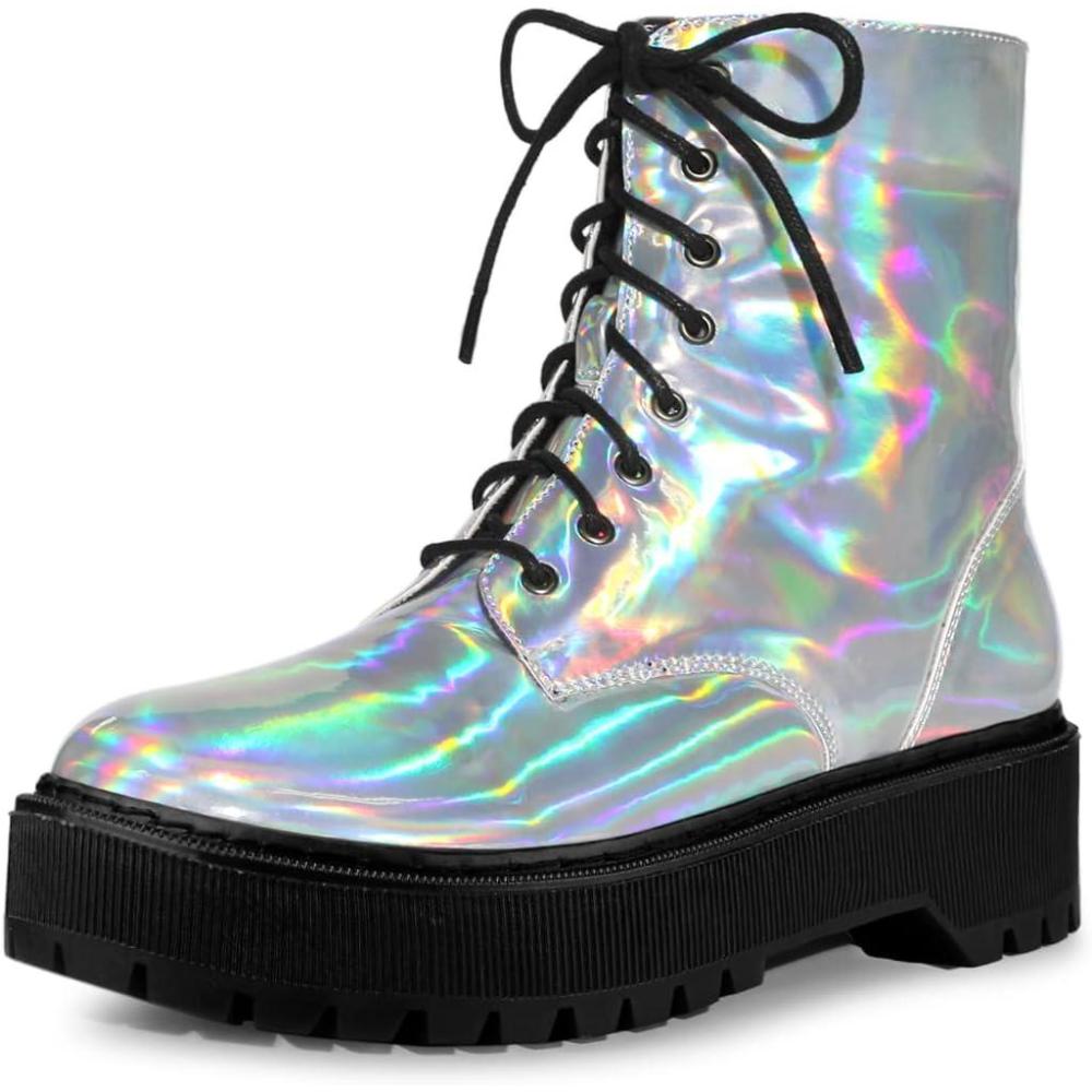 imageAllegra K Womens Round Toe Platform Lace Up Colorful Combat Ankle BootsSilver